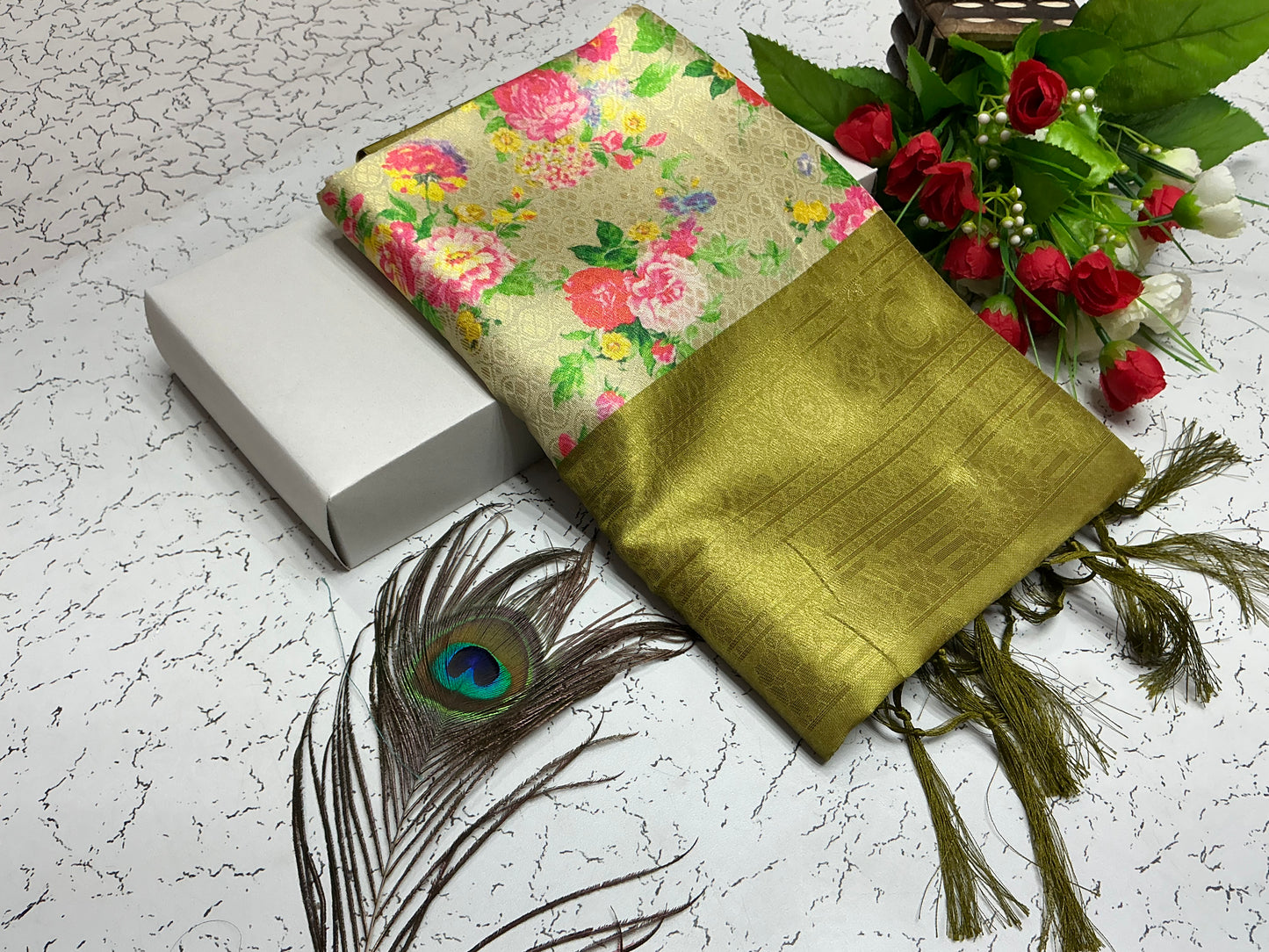 Digital Softy Saree – Light Cream with Multicolor Roses & Golden Green Border