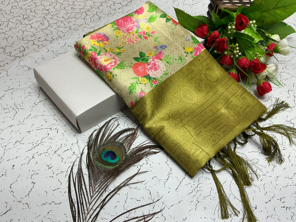 Digital Softy Saree – Light Cream with Multicolor Roses & Golden Green Border