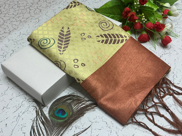 Digital Softy Saree – Light Lemon Yellow Tribal Body with Copper Brown Border