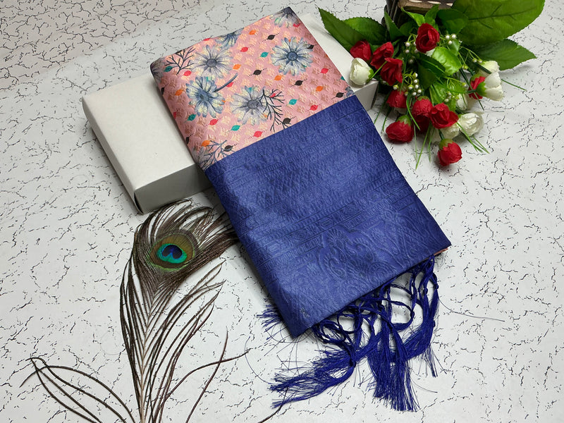 Digital Softy Saree – Light Peach with Blue Floral & Royal Blue Border
