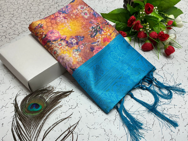 Digital Softy Saree – Mustard Sunset Body with Sky Blue Border