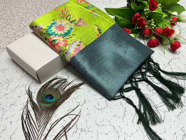 Digital Softy Saree – Neon Green Floral Body with Deep Grey Border