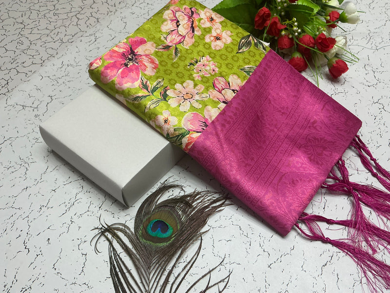 Digital Softy Saree – Olive Green Floral Body with Rani Pink Border