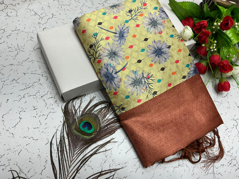 Digital Softy Saree – Pastel Yellow with Floral Bloom & Copper Brown Border