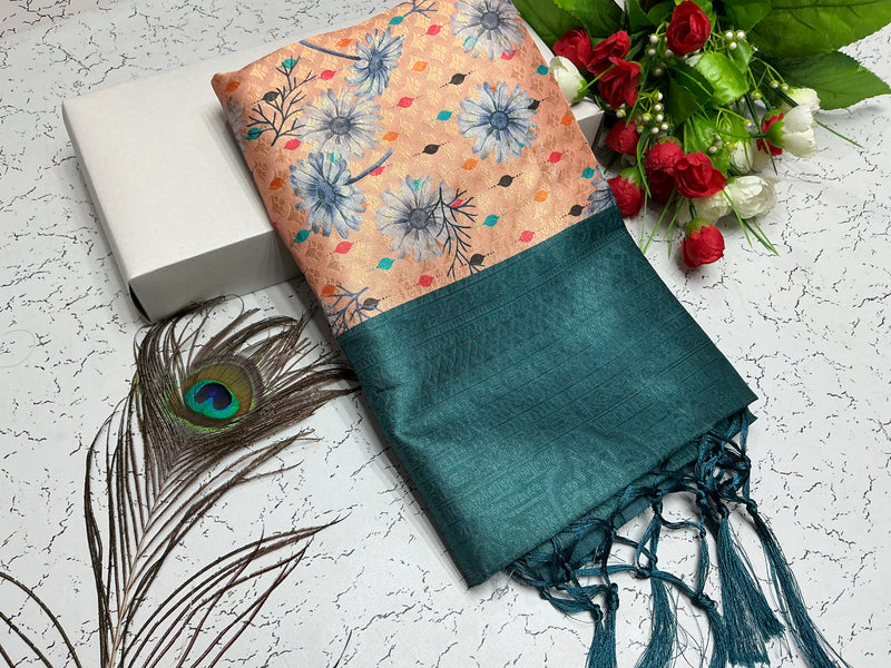 Digital Softy Saree – Peach Blossom with Blue Floral & Teal Green Border