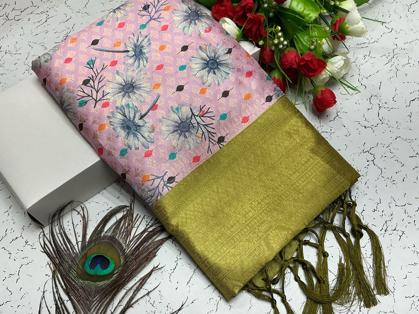 Digital Softy Saree – Pink Abstract Daisy Print with Olive Border
