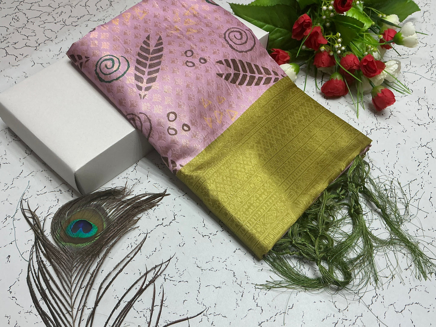 Digital Softy Saree – Pink Abstract Leaf Print with Mustard Green Border