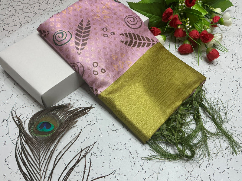 Digital Softy Saree – Pink Abstract Leaf Print with Mustard Green Border