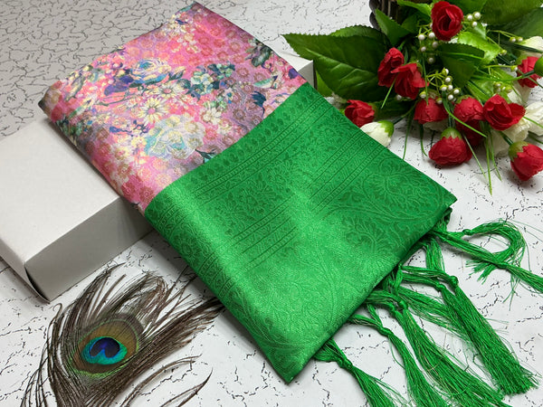 Digital Softy Saree – Pink Blossom Body with Bottle Green Border