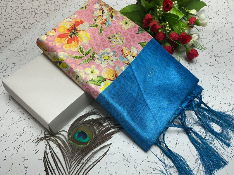 Digital Softy Saree – Pink Floral Burst Body with Royal Blue Border