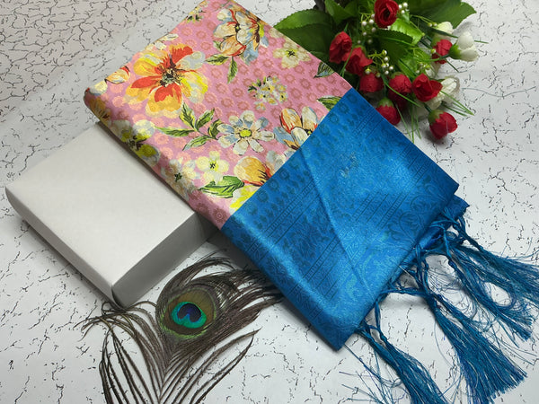 Digital Softy Saree – Pink Floral Burst Body with Royal Blue Border