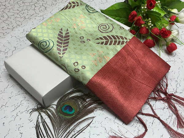 Digital Softy Saree – Pistachio Green Tribal Print with Brick Red Border