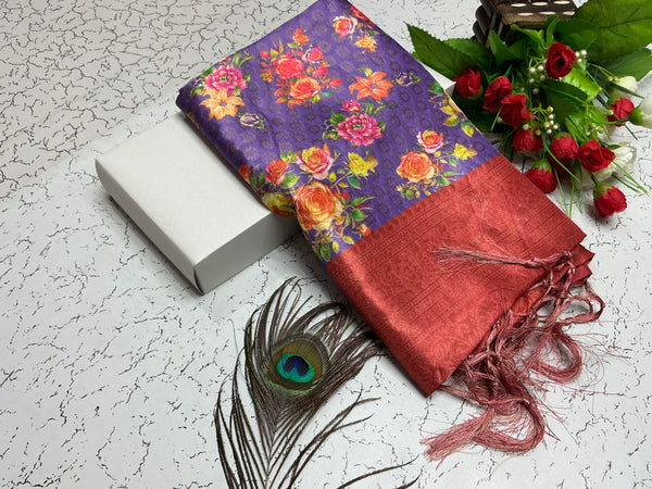 Digital Softy Saree – Purple Floral Body with Maroon Border