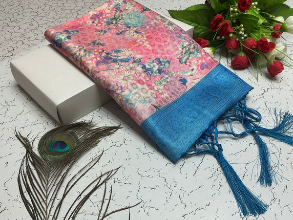 Digital Softy Saree – Rosy Pink Floral Body with Royal Blue Border