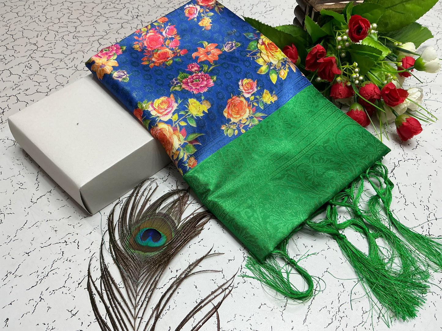 Digital Softy Saree – Royal Blue Floral Body with Emerald Green Border
