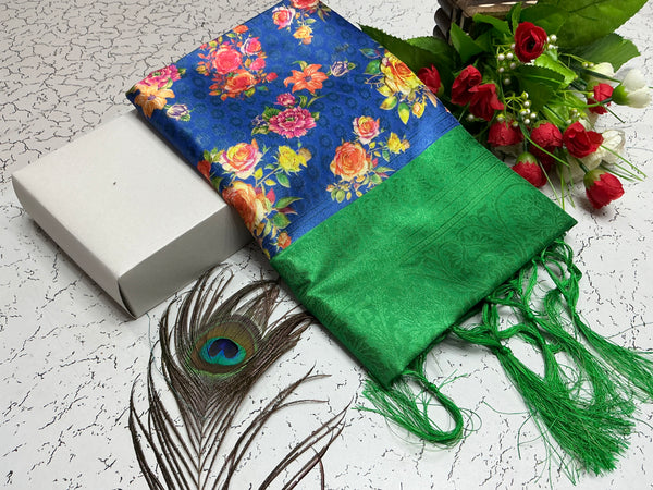 Digital Softy Saree – Royal Blue Floral Body with Emerald Green Border