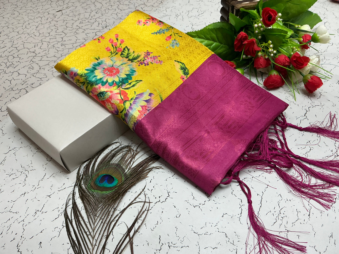Digital Softy Saree – Yellow Floral Body with Wine Pink Border
