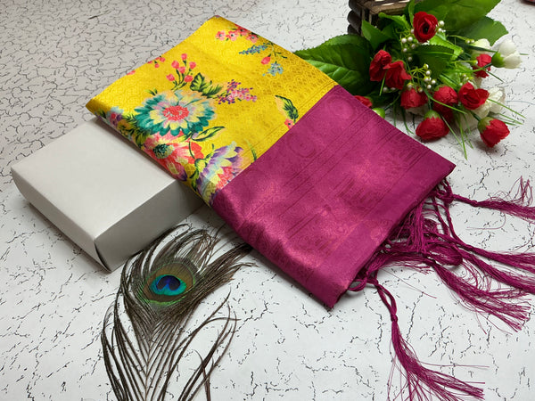 Digital Softy Saree – Yellow Floral Body with Wine Pink Border