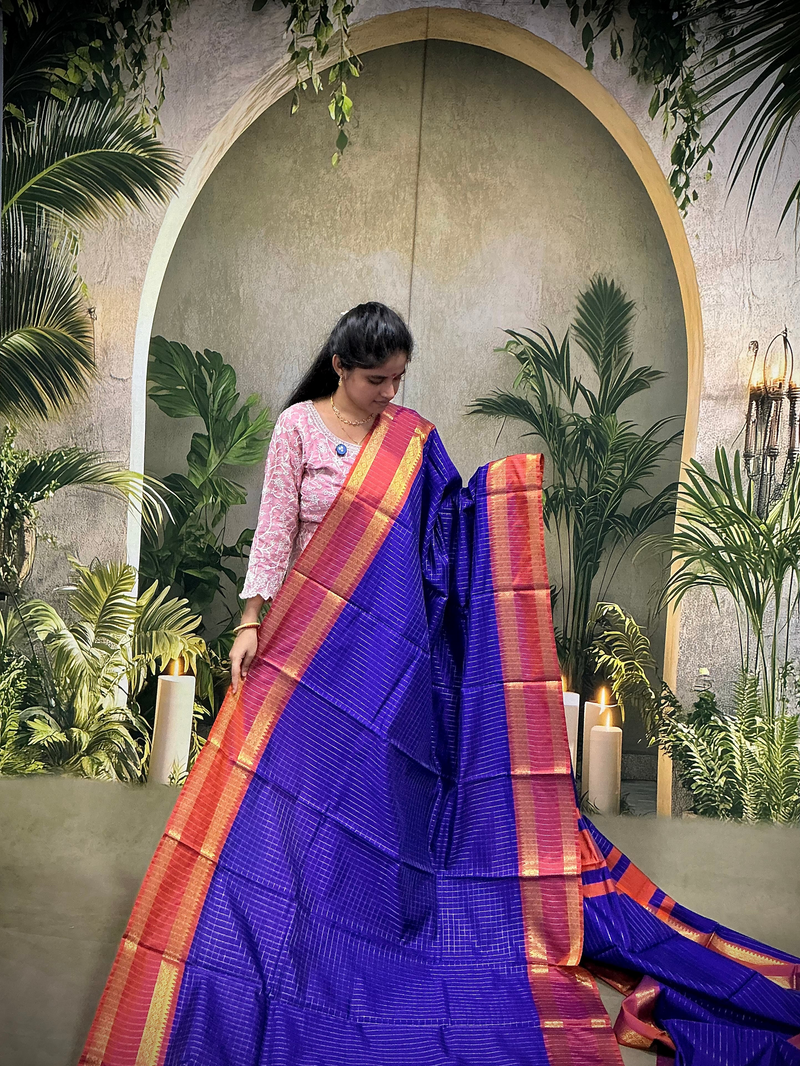Premium Banaras Soft Silk Saree – Violet with Rust Orange Border | Traditional Rich Design | Sri Nandhini Tex | SNTBSS028
