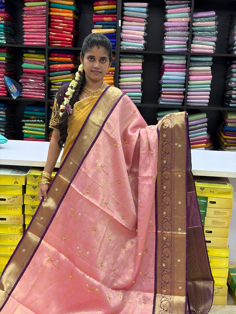 Premium Banaras Katan Silk Saree | Trending Pink Saree with Rich Golden Zari Weaving & Purple Border | SNTBS86