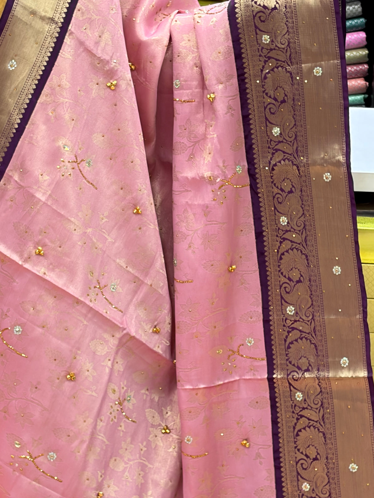Premium Banaras Katan Silk Saree | Trending Pink Saree with Rich Golden Zari Weaving & Purple Border | SNTBS86