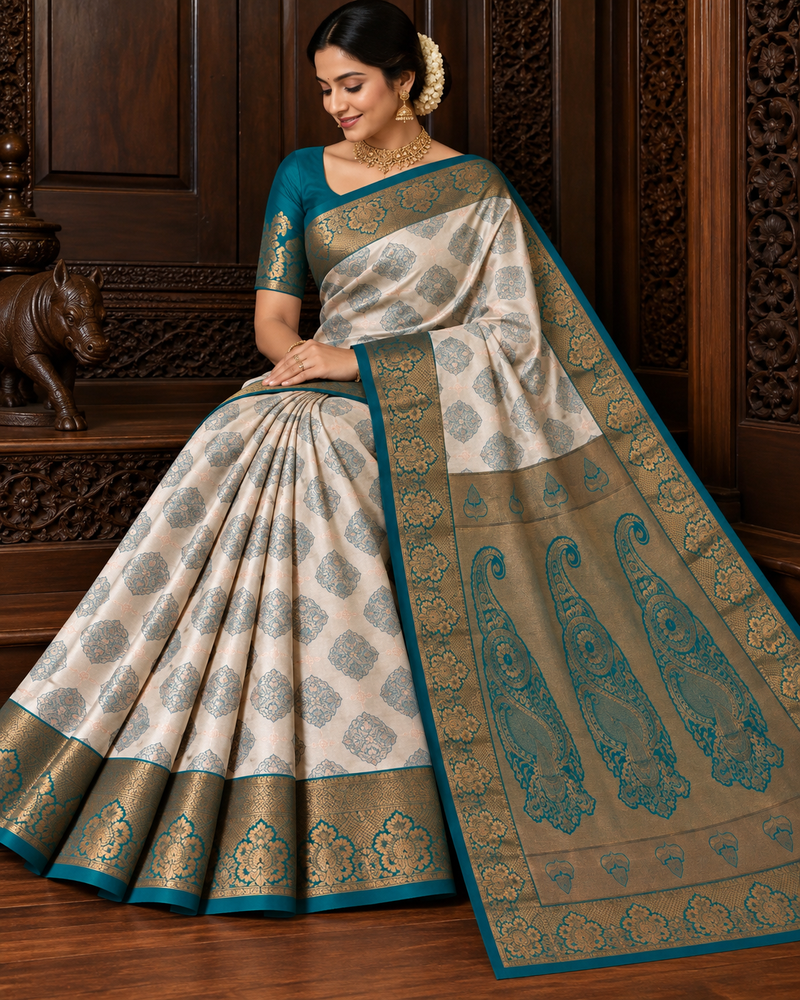 VIVAHA Pattu Saree for Women | Ivory Cream & Teal Green Contrast | Premium Wedding Silk Saree | Rich Zari Border & Grand Pallu | With Blouse Piece | Direct Manufacturing – Sri Nandhini Tex