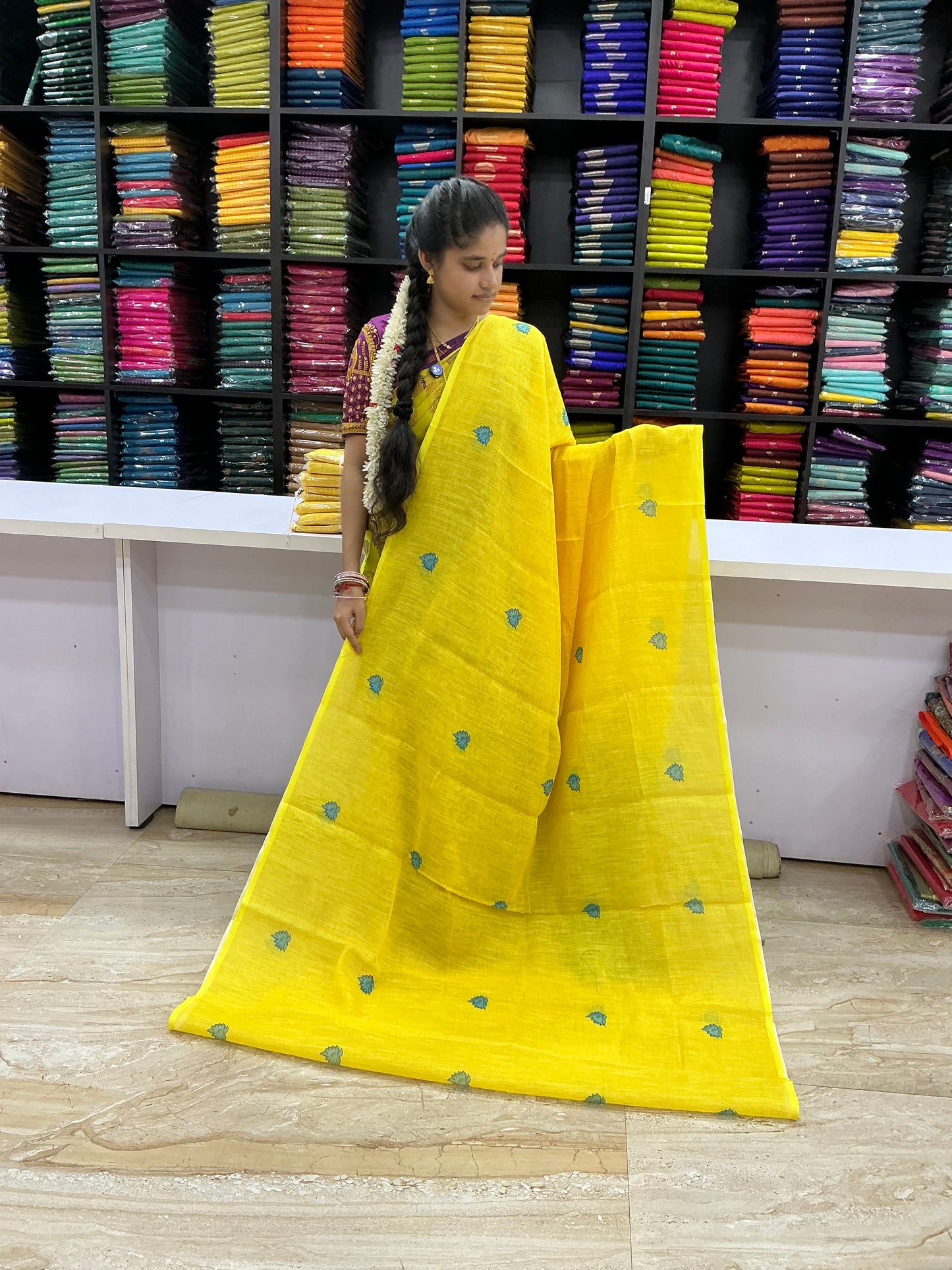 Premium Linen Cotton Saree | Lemon Yellow with Sky Blue Kalamkari Pallu | Soft Lightweight Traditional Wear | Sri Nandhini Tex | Code: SNTLC001