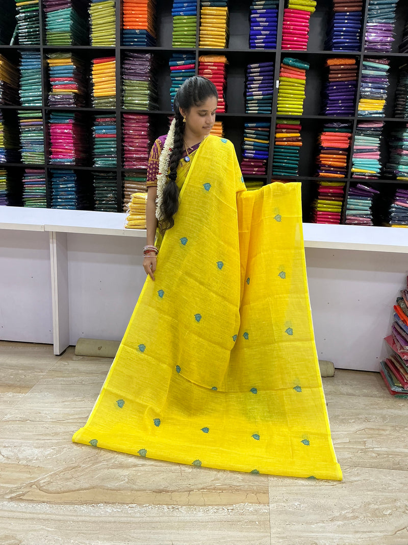 Premium Linen Cotton Saree | Lemon Yellow with Sky Blue Kalamkari Pallu | Soft Lightweight Traditional Wear | Sri Nandhini Tex | Code: SNTLC001