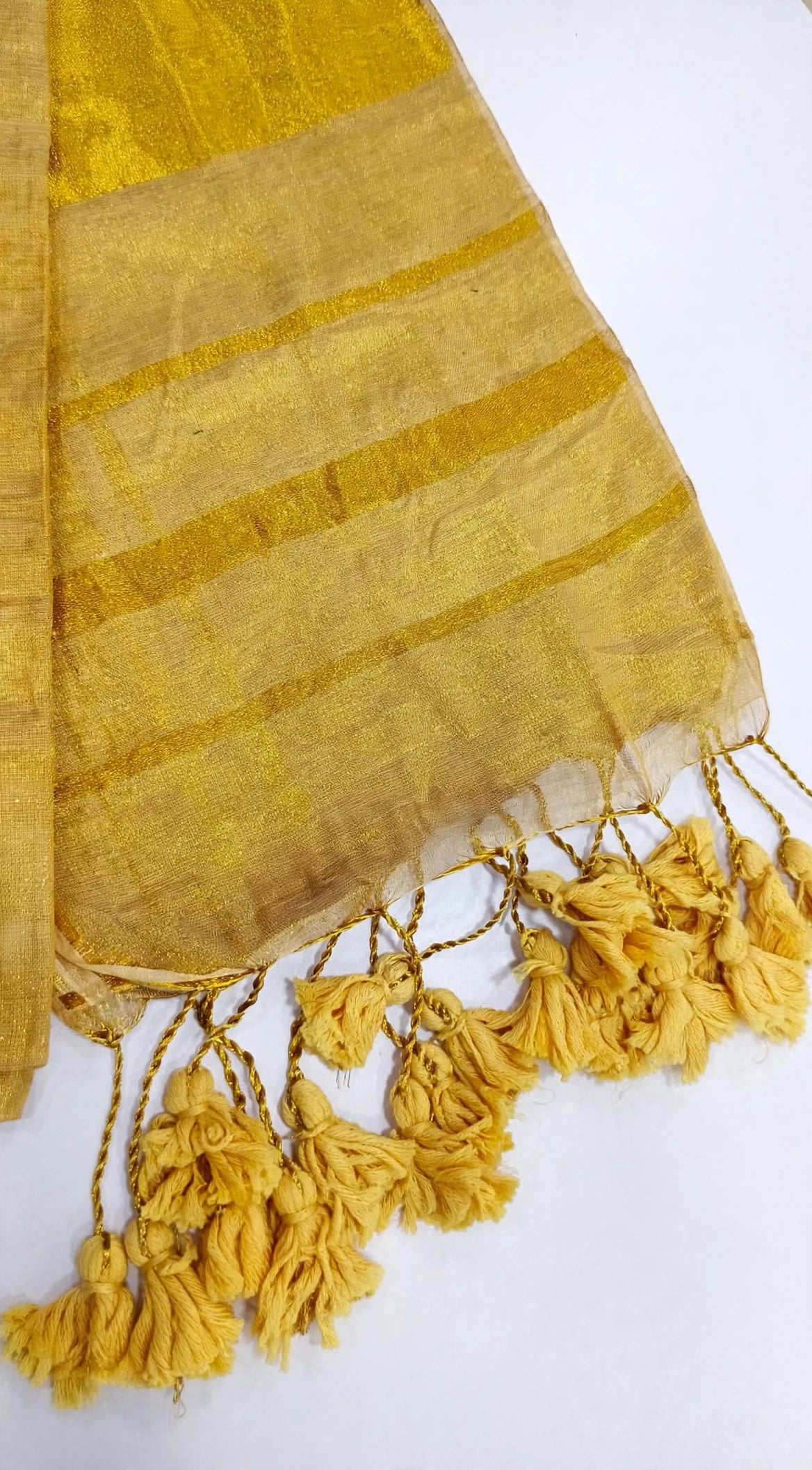 Golden Saree | Premium Linen Tissue Saree with Zari Pallu & Tassels |Code: SNTLT001