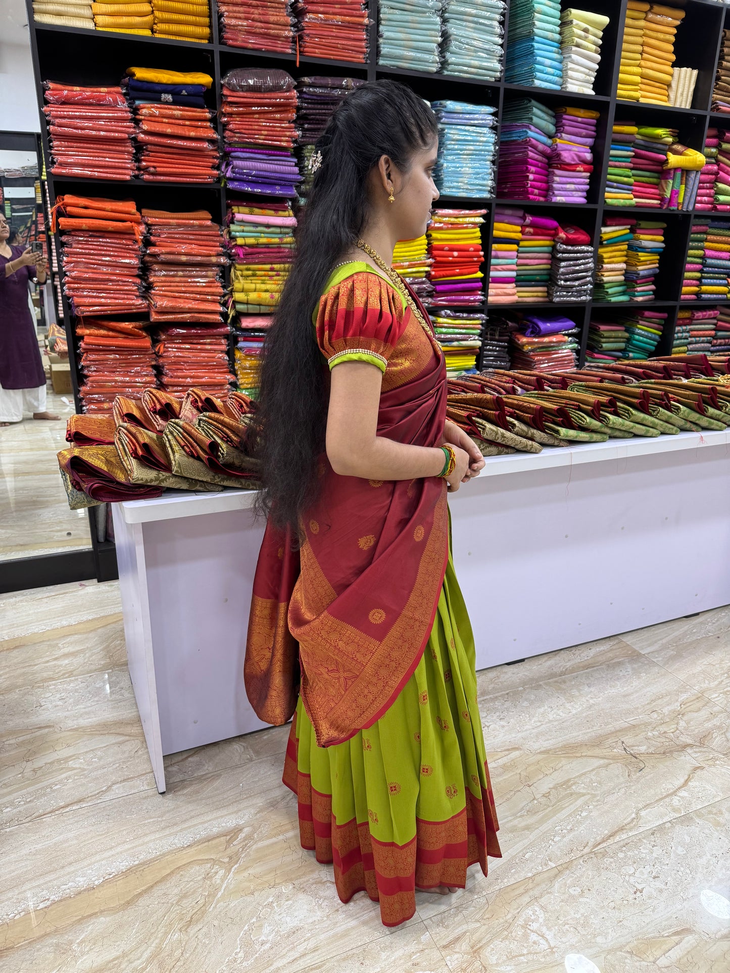 Traditional half saree set parrot green with maroon