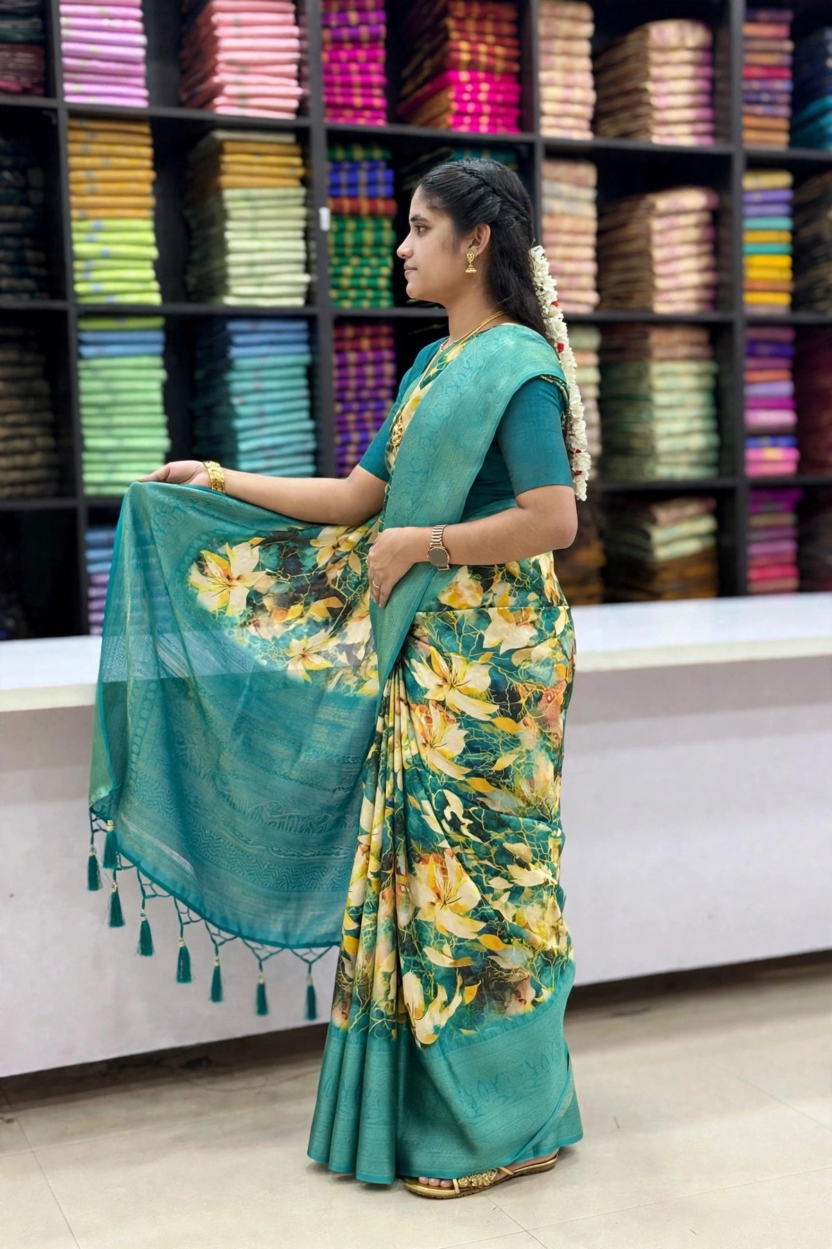 Teal Blue Floral Print Designer Saree with Broad Border & Tassel Pallu | SNTFL104 | Sri Nandhini Tex