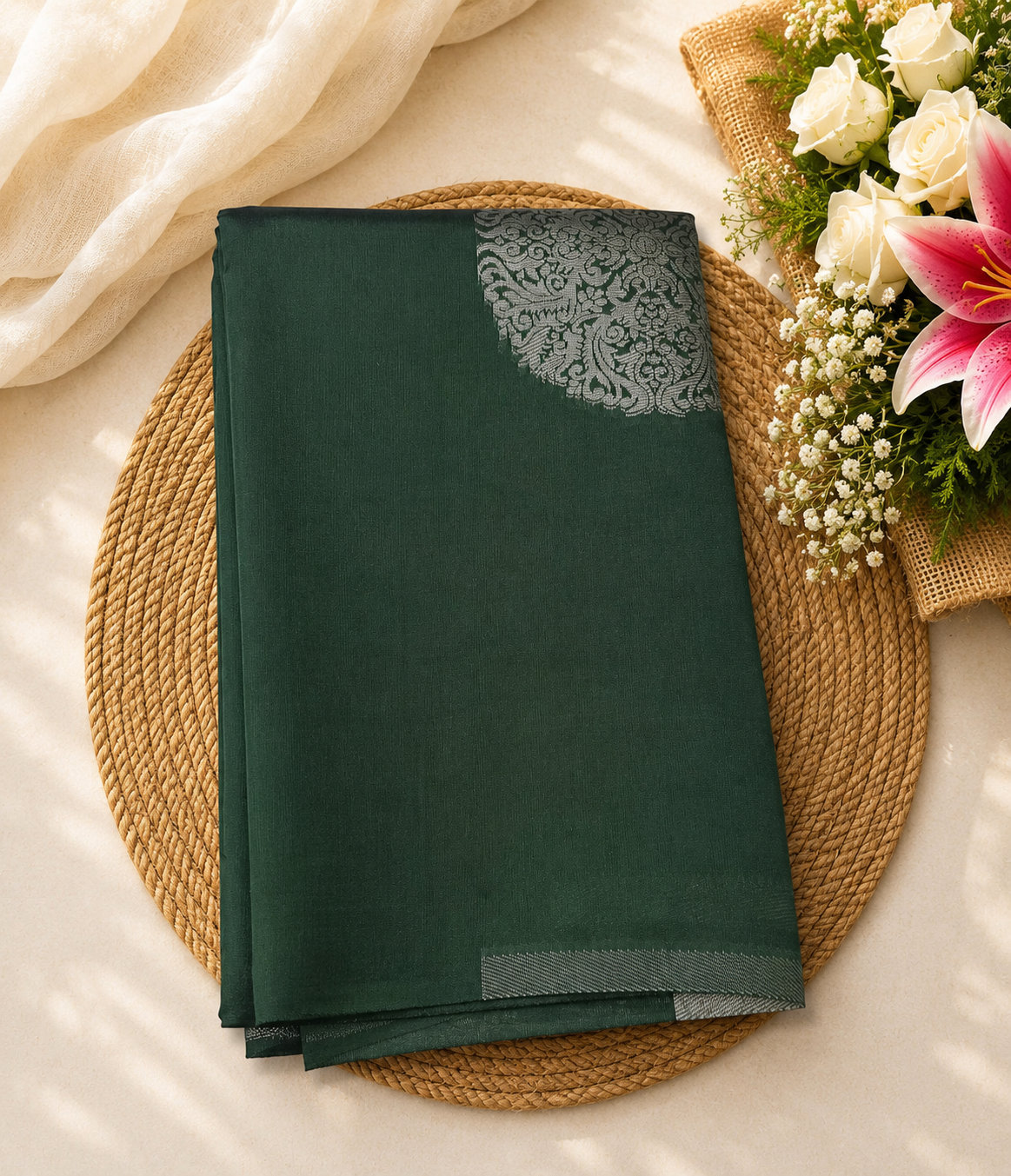 Semi Soft Silk Offer Saree | Dark Green | Classic Traditional Look | Sri Nandhini Tex | Code: SNTAOS15