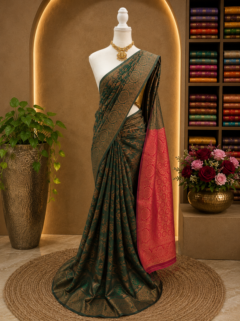 Latest Semi Kanchi Soft Silk Saree – Bottle Green with Rani Pink Rich Pallu | Sri Nandhini Tex | SNTKS20