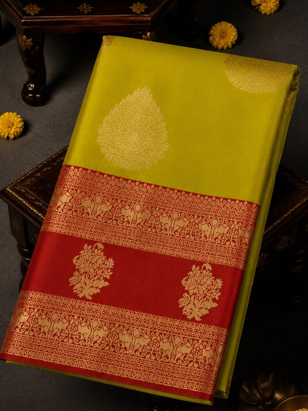 Premium Semi Kanchi Soft Silk Saree – Lime Green with Coral Red Contrast Border | Festive Silk Saree | Sri Nandhini Tex | SNTKS12