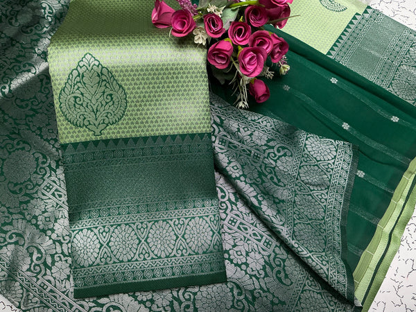 Elegant Parrot Green and Silver Bridal Saree with Leaf Motif Border