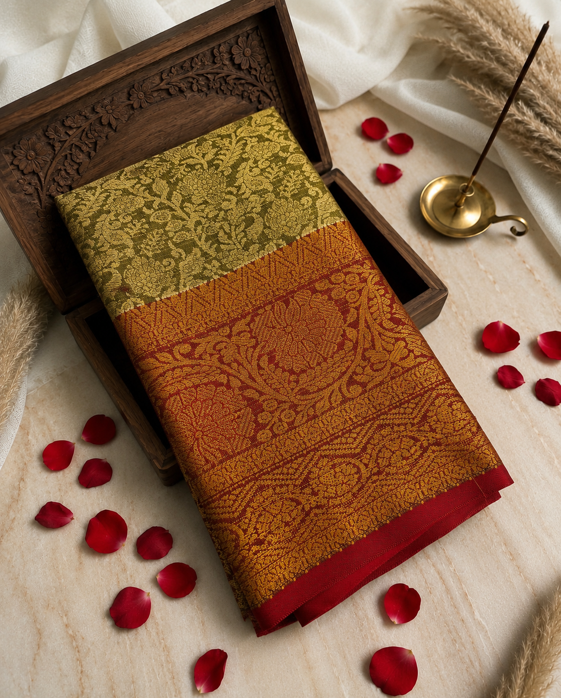 One Gram Saree | Mustard Olive & Red | Elegant Festive Wear Soft Finish | Sri Nandhini Tex | Code: SNTSS828