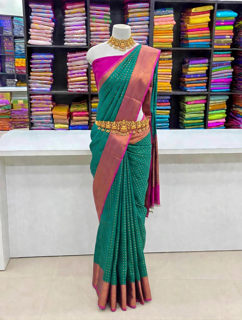 Premium Thousand Buttas Saree – Peacock Green with Magenta Contrast | Festive Elegance Saree | Sri Nandhini Tex | SNTB005