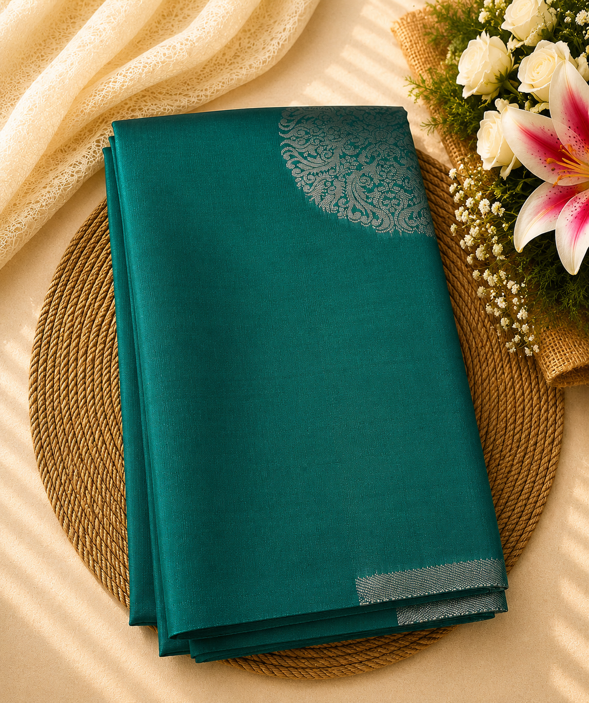 Semi Soft Silk Offer Saree | Peacock Teal | Premium Silver Zari Weaving | Sri Nandhini Tex | Code: SNTAOS03