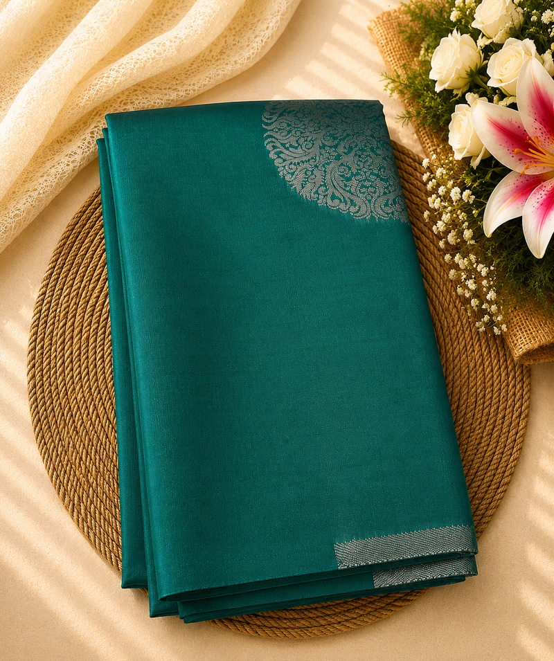 Semi Soft Silk Offer Saree | Peacock Teal | Premium Silver Zari Weaving | Sri Nandhini Tex | Code: SNTAOS03