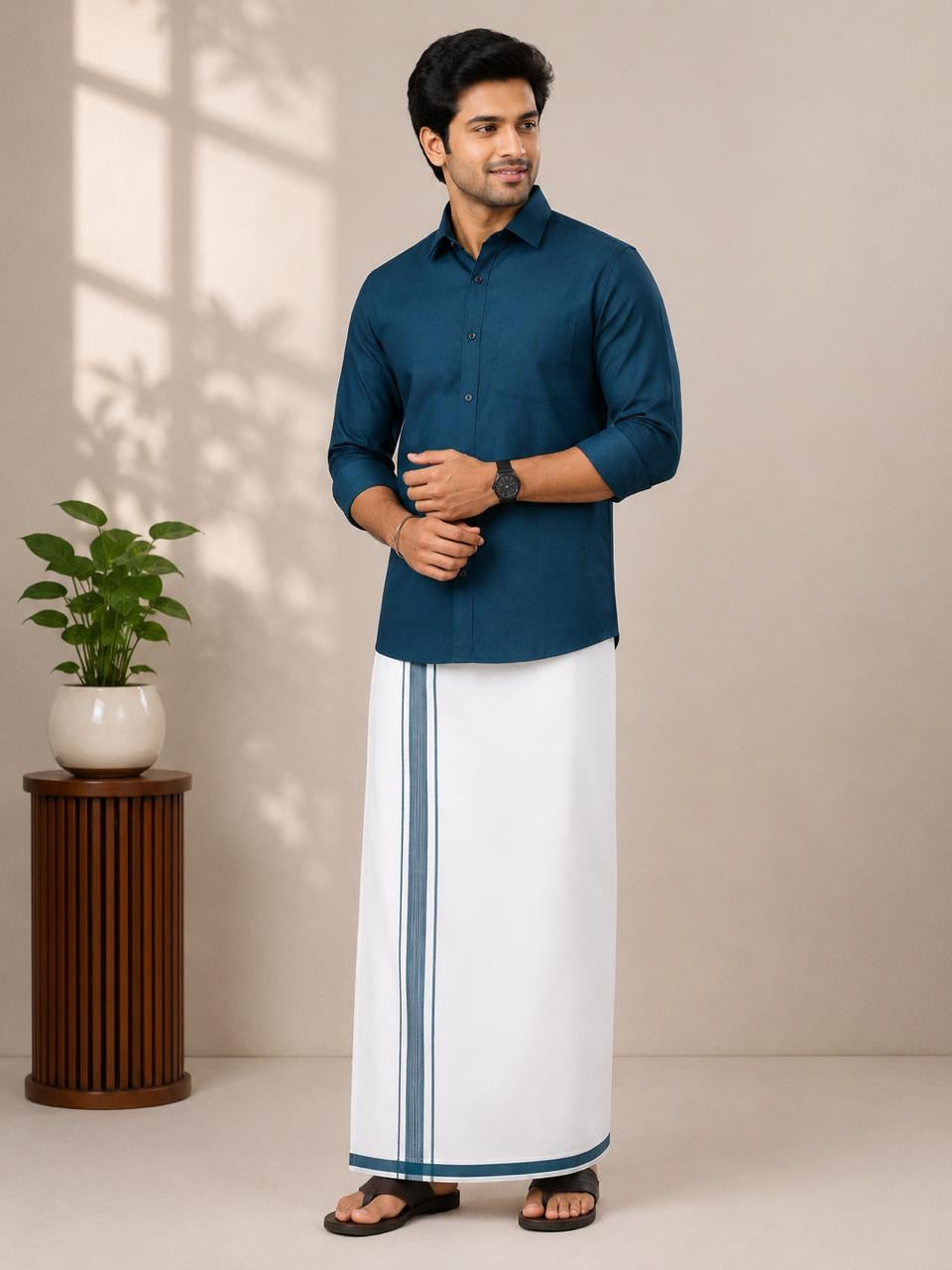 Vesti & Shirt Combo | Deep Teal Blue Shirt with White Colour Vesti | SNTVC002