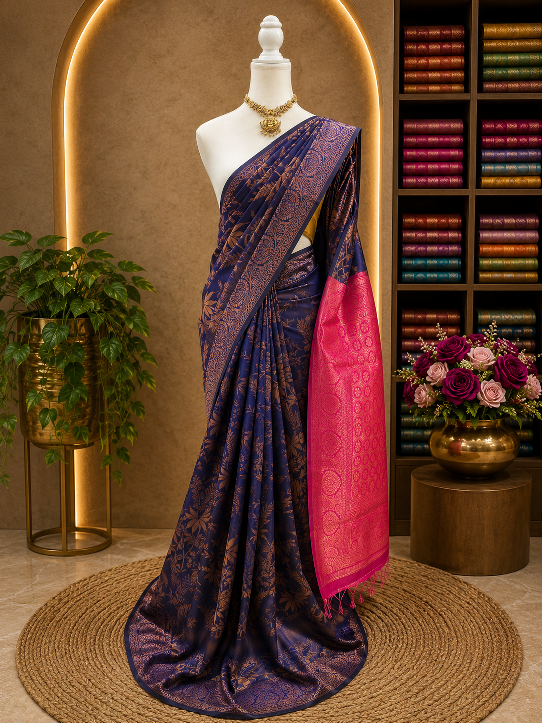 Latest Semi Kanchi Soft Silk Saree – Royal Navy Blue with Rani Pink Rich Pallu | Sri Nandhini Tex | SNTKS19