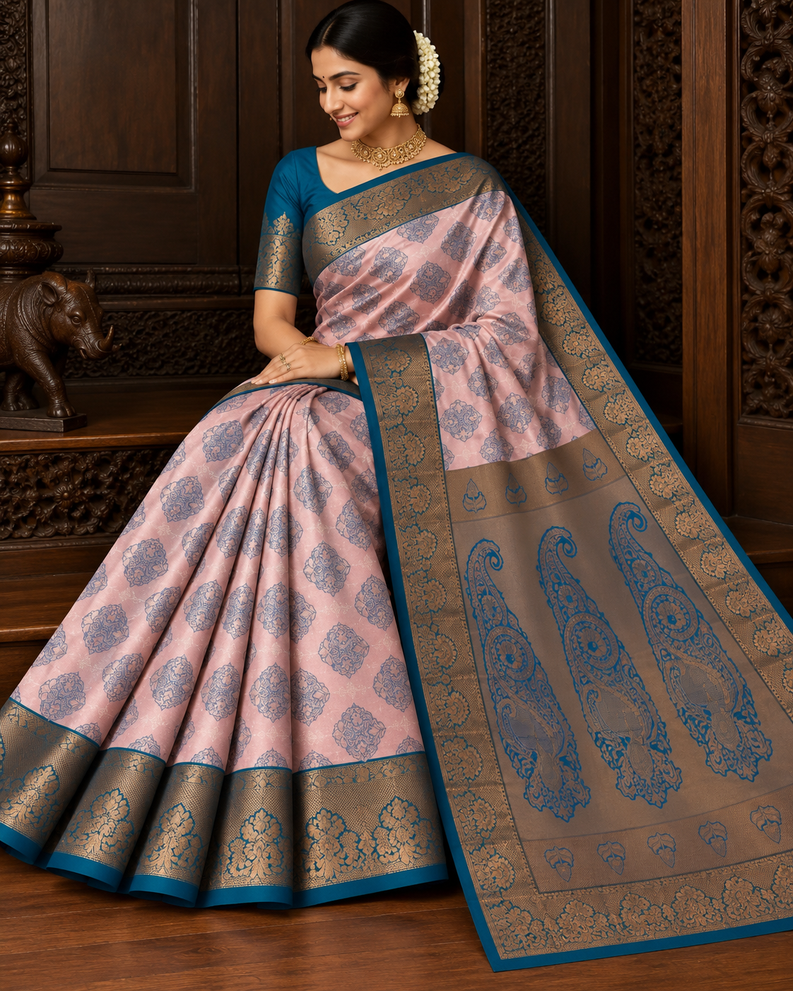 VIVAHA Pattu Saree for Women | Blush Pink & Peacock Blue Contrast | Premium Wedding Silk Saree | Rich Zari Border & Grand Pallu | With Blouse Piece | Direct Manufacturing – Sri Nandhini Tex