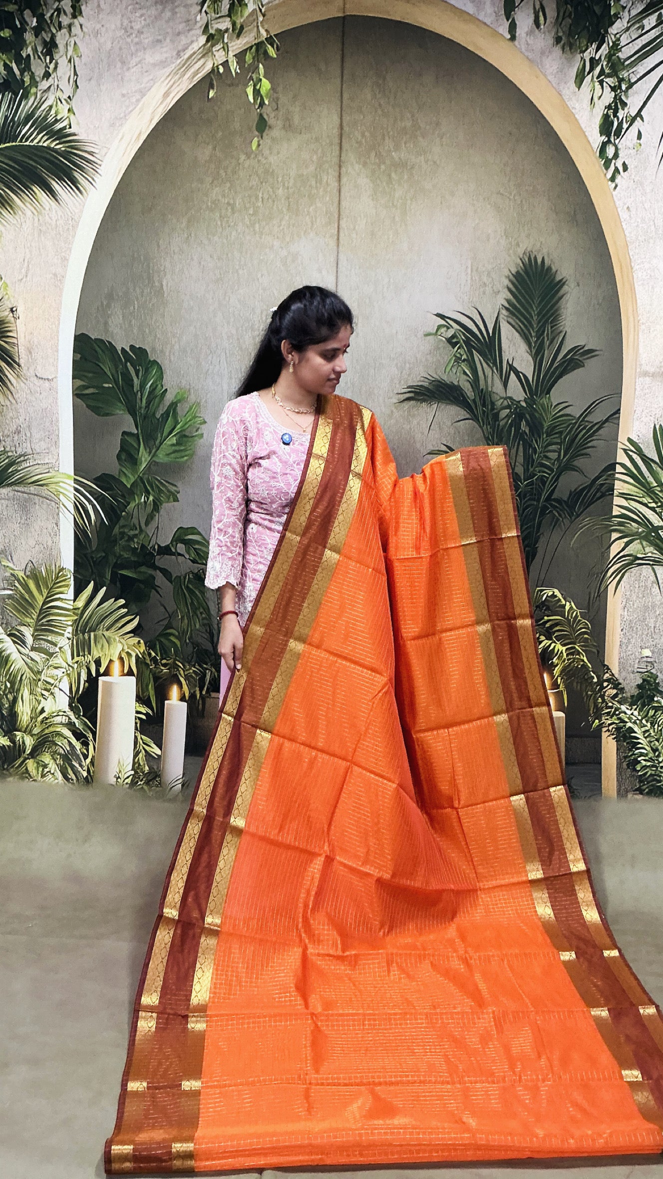 Premium Banaras Soft Silk Saree – Orange Body with Coffee Brown Zari Border | Traditional Rich Design | Sri Nandhini Tex | SNTBSS027