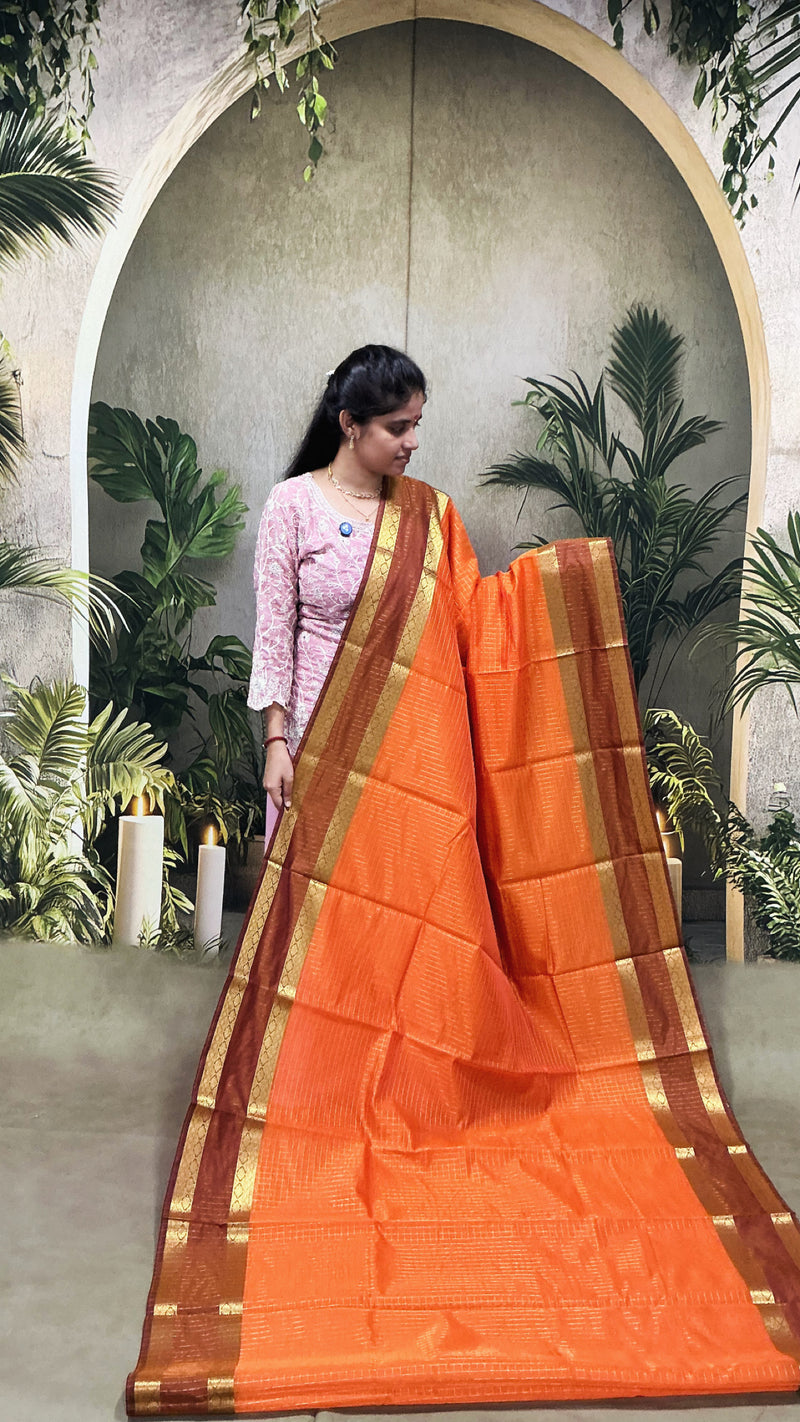 Premium Banaras Soft Silk Saree – Orange Body with Coffee Brown Zari Border | Traditional Rich Design | Sri Nandhini Tex | SNTBSS027