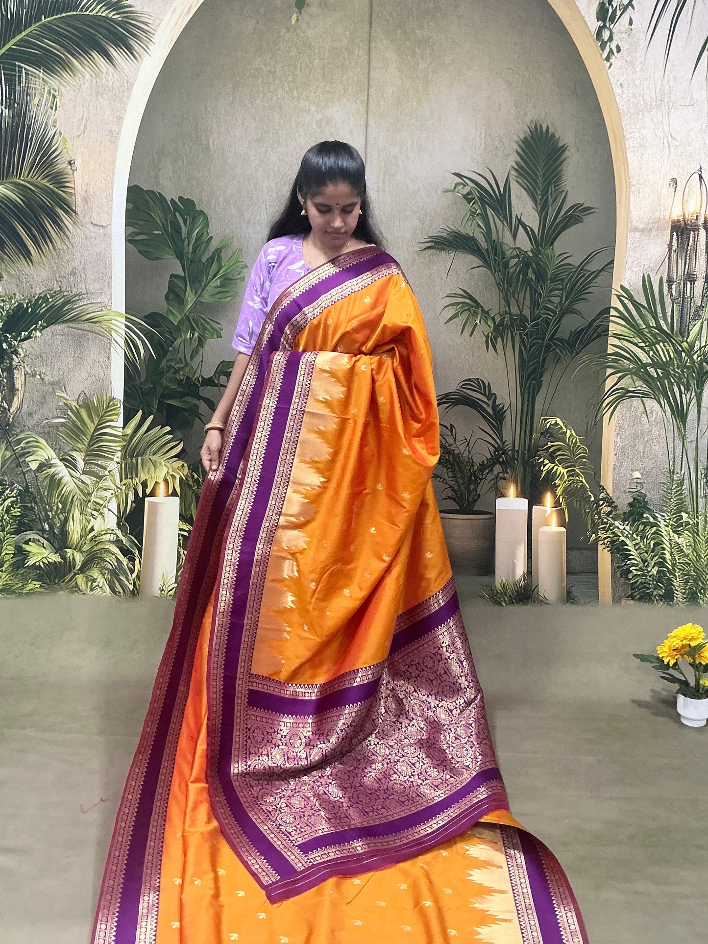 Premium Semi Kanchi Silk Saree | Orange & Royal Purple | Sri Nandhini Tex | Code: SNTSK03