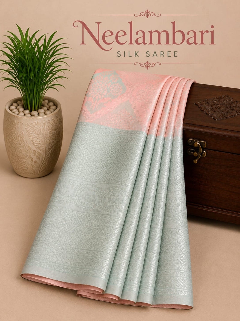 Premium Neelambari Silk Saree – Baby Pink with Silver Grey Contrast Weaving | Sri Nandhini Tex | SNTNS003