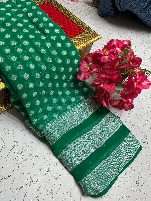 Georgette Fancy Saree – Bottle Green Floral Fusion