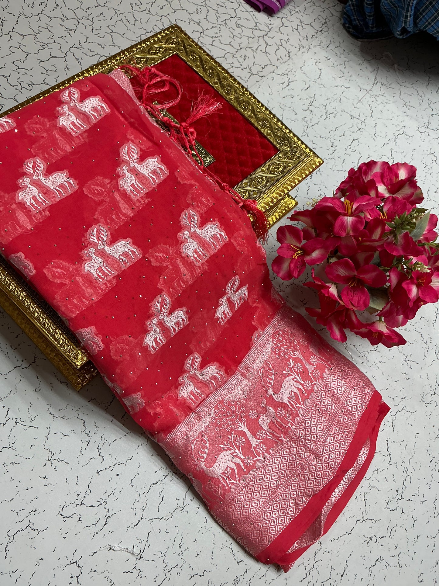 Georgette Fancy Saree – Crimson Red Deer Zari