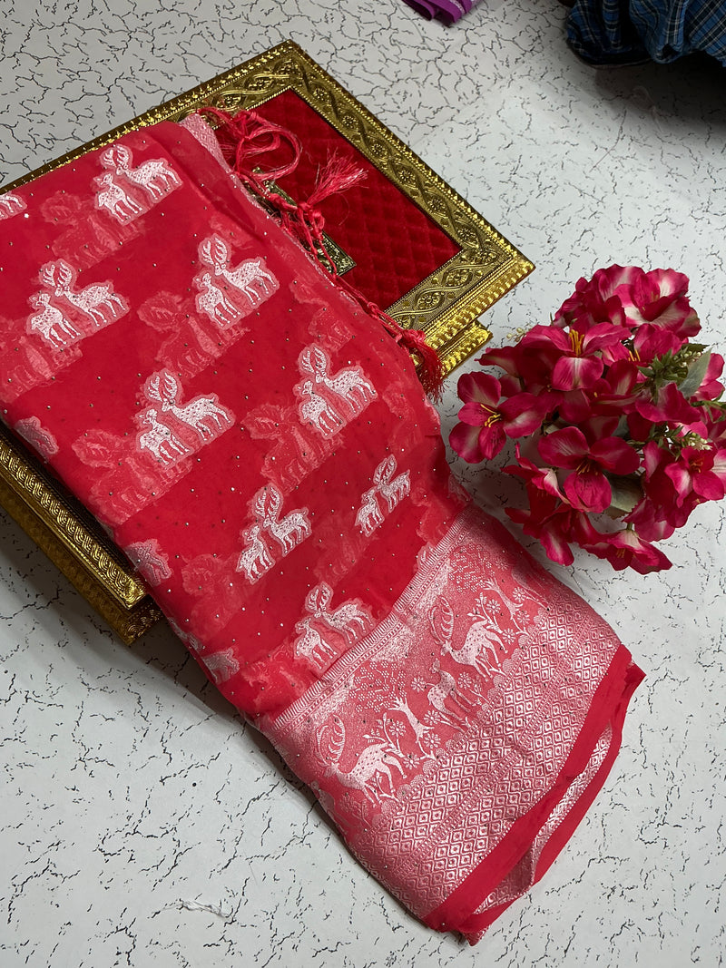Georgette Fancy Saree – Crimson Red Deer Zari
