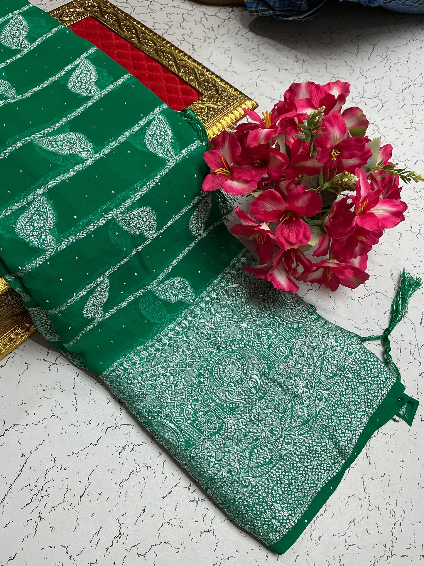 Georgette Fancy Saree – Emerald Green Butta Sequence